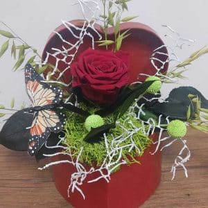 Rosa roja preservada en base de corazón